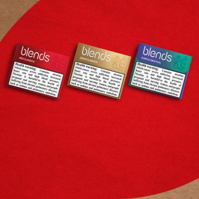 BLENDS Gold Classics, Red Classics, Green Classics and Silver Classics flavour cards on a red background