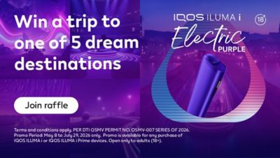 Wide purple‑themed futuristic illustration showing a sleek IQOS ILUMA i One Electric Purple device suspended in a glowing circular light form, surrounded by neon accents and a cinematic night city backdrop.