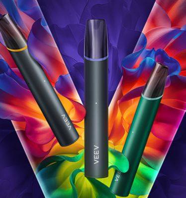 VEEV now ULTRA vaping devices and a V logo in the background.