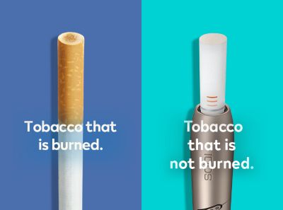 Cigarette filter with brown combustion stains compared to IQOS HEETS stick in IQOS 3 DUO holder with no equivalent stain.