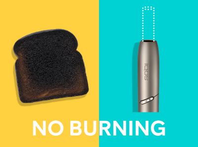 Burnt sausage on a fork compared to a clean IQOS HEETS stick in IQOS 3 DUO holder.