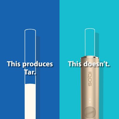 Cigarette filter with brown combustion stains compared to IQOS TEREA stick in an IQOS ILUMA holder with no equivalent stain.
