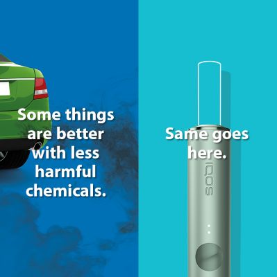 Lit cigarette end compared to IQOS HEETS stick in IQOS 3 DUO holder.