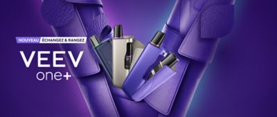 Visuel présentant les nouvelles ecig VEEV ONE PLUS sur un fond violet, accompagné de deux boutons “J’achète” et “Je découvre”.