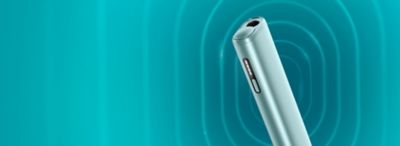 Close-up of an IQOS ILUMA i ONE against a futuristic teal abstract background with radiating curved lines.