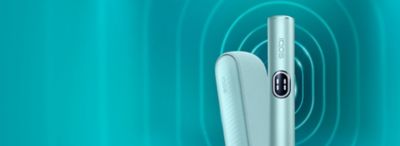 Close-up of an IQOS ILUMA i against a futuristic teal abstract background with radiating curved lines.