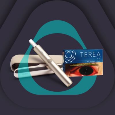 IQOS ILUMA Pebble Beige device with TEREA Blue pack on an IQOS key logo