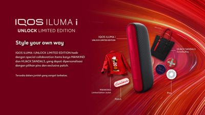 iqos iluma i unlock terdiri dari iqos iluma i kit, jaket mankind, dan totebag hijack sandals