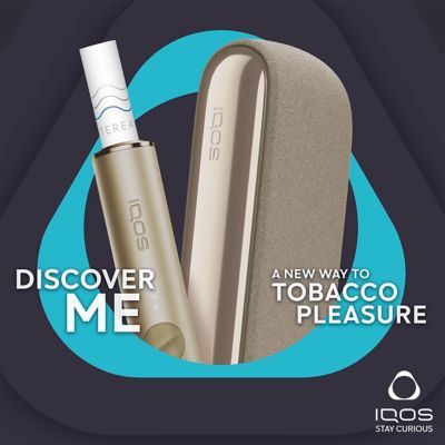 IQOS ILUMA device on the IQOS key logo with caption: Discover a new way to enjoy tobacco pleasure.