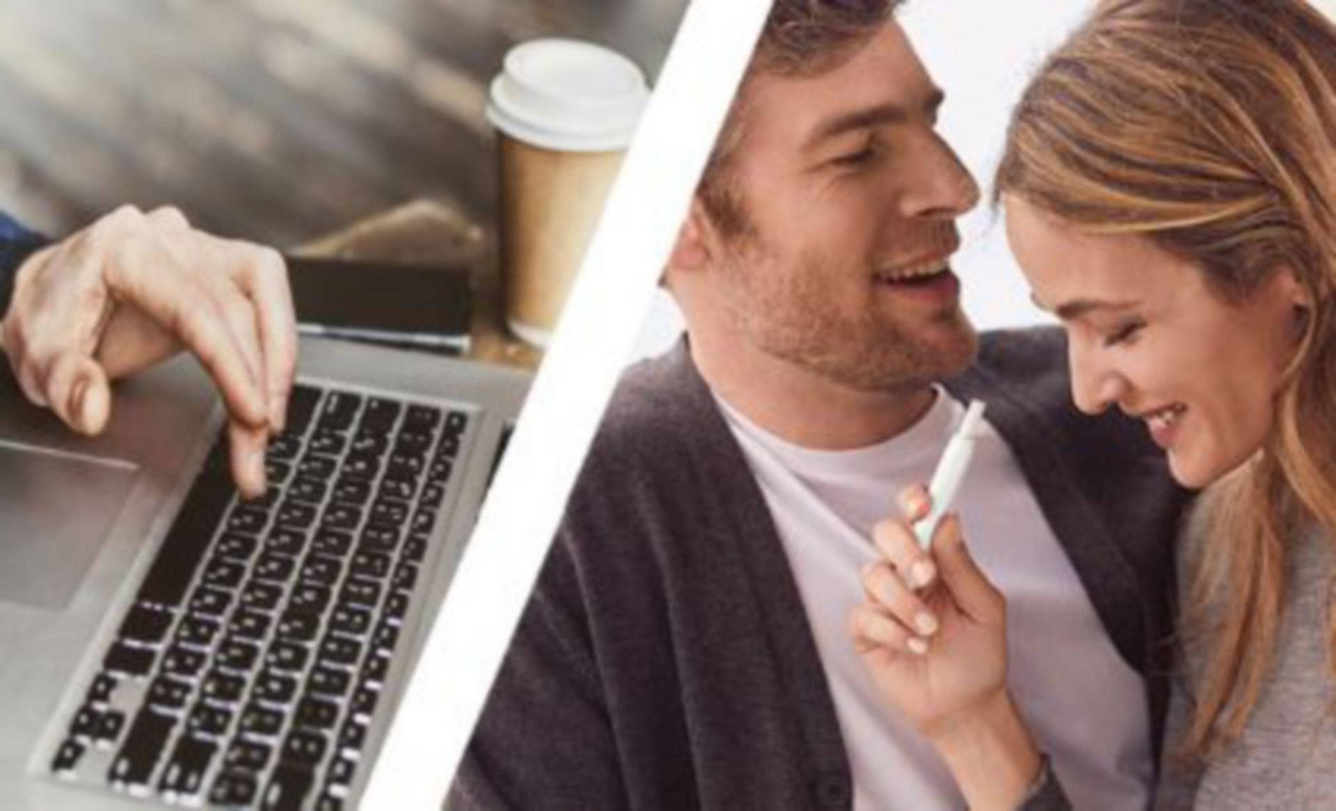 A split image of a person working on a laptop and a couple laughing, the woman in the couple is holding an IQOS device