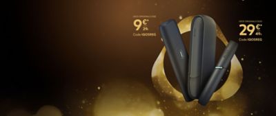 IQOS-Visual in Schwarz und Gold mit zwei Geräten und Preisen: ORIGINALS ONE für 9 €, DUO für 29 €, Code „IQOSREG“.
