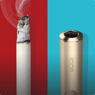 Lit cigarette end compared to IQOS TEREA stick in IQOS ILUMA  holder.