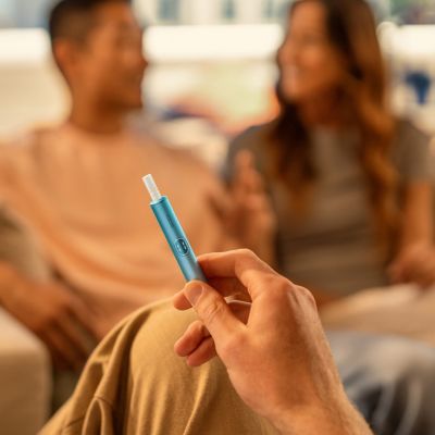 Person holding IQOS ILUMA i Holder with tobacco stick inserted with group of people