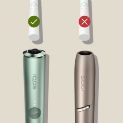 An IQOS ILUMA device with a TEREA stick being fitted compared to an IQOS 3 device which should not be used with TEREA.