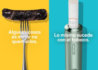 Una salchicha quemada en un tenedor comparada con una unidad de tabaco TEREA en un dispositivo IQOS ILUMA.