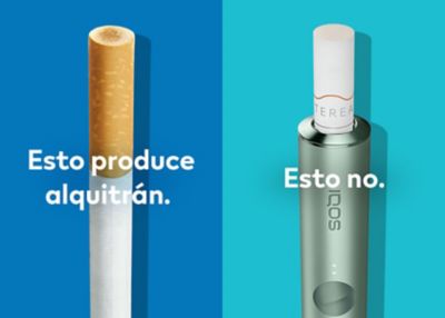 Los filtros de cigarrillo con manchas marrones de combustión en comparación con las unidades de tabaco HEETS en el soporte IQOS ILUMA sin mancha equivalente.