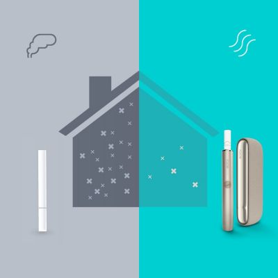 Illustration contrasting effects of cigarette smoke versus IQOS on indoor air quality.