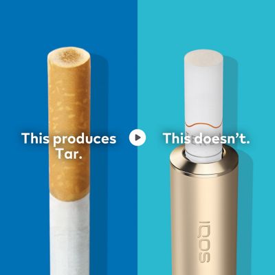 Cigarette filter with brown combustion stains compared to IQOS HEETS stick in IQOS 3 Iluma holder with no equivalent stain