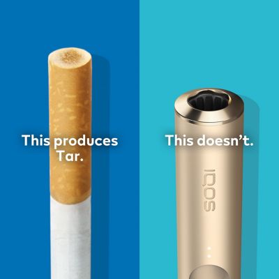 Cigarette filter with brown combustion stains compared to IQOS TEREA stick in IQOS ILUMA holder with no equivalent stain.