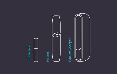 Illustrierter IQOS Original DUO Holder, Pocket Charger und Tabakstick.