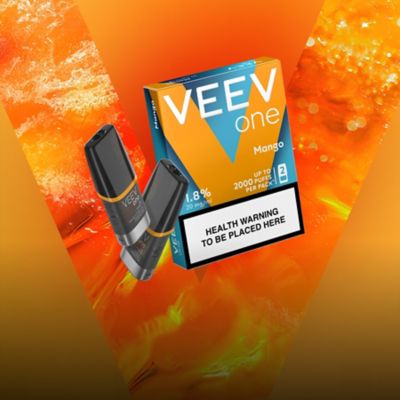 VEEV ONE Mango e-liquid pods and their package on orange background