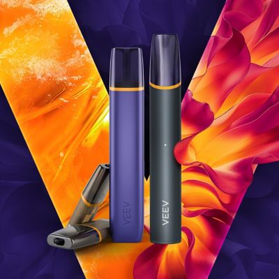 Two VEEV vaping devices on a red and orange V logo and violet background