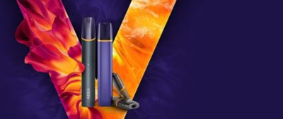 Two VEEV vaping devices on a red and orange V logo and violet background