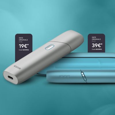 IQOS ORIGINALS Geräte in Türkisblau und Silber mit Registrierungsangebot.