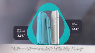 IQOS ORIGINALS Geräte in Türkisblau und Silber mit Empfehlungsangebot.