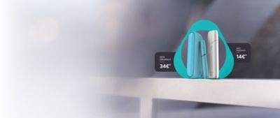 IQOS ORIGINALS Geräte in Türkisblau und Silber mit Empfehlungsangebot.