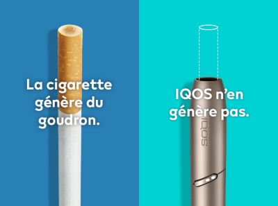 Cigarette filter with brown combustion stains compared to IQOS HEETS stick in IQOS 3 DUO holder with no equivalent stain