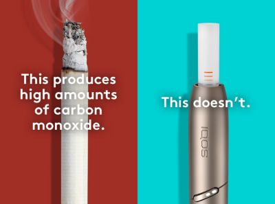 Lit cigarette end compared to IQOS HEETS stick in IQOS 3 DUO holder.