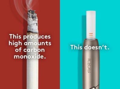 Lit cigarette end compared to IQOS HEETS stick in IQOS 3 DUO holder.