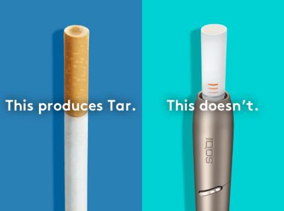 Cigarette filter with brown combustion stains compared to IQOS HEETS stick in IQOS 3 DUO holder with no equivalent stain.
