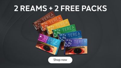 A feature banner for the TEREA Bundle Offer. The text at the top reads '2 REAMS + 2 FREE PACKS'. Below the text, there are 7 packs of TEREA arranged in two rows. At the bottom center of the image, there is a white button with the text 'Shop now'.