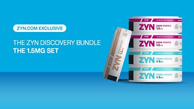 The ZYN Discovery Bundle: The 1.5mg Set. 2 cans of ZYN Dark Purple, 2 cans of ZYN Fresh Breeze, 1 can of ZYN Espressino
