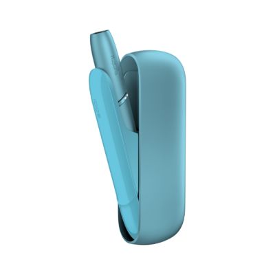 IQOS Originals Duo heated tobacco device (holder and pocket charger) in turquoise color.
