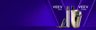 image représentant la nouvelle e-cig VEEV ONE PLUS et VEEV ONE sur un fond violet/bleu.