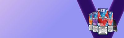 bannière avec un fond lilas et le V iconique VEEV avec les paquets de la gamme EXTRA VEEV ONE devant.