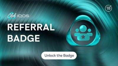Digital turquoise referral badge icon on a dark abstract background.