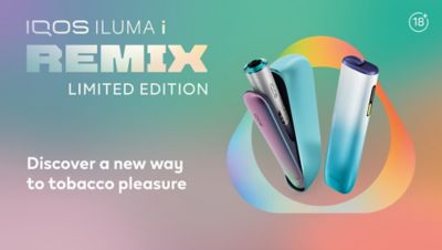 IQOS ILUMA i REMIX Limited Edition heated tobacco devices in colorful metallic finishes on a vibrant gradient background. Discover a new way to tobacco pleasure