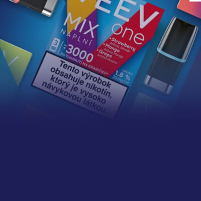 Krabička VEEV ONE a náplne na modrom pozadí