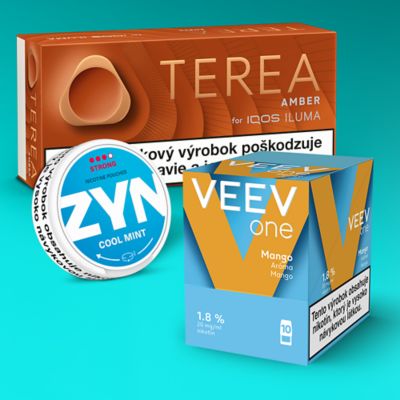 Kartón náplní TEREA AMBER, krabička ZYN COOL MINT a kartón náplní VEEV ONE MANGO na tyrkysovom pozadí