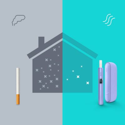 Illustration contrasting effects of cigarette smoke versus IQOS on indoor air quality.