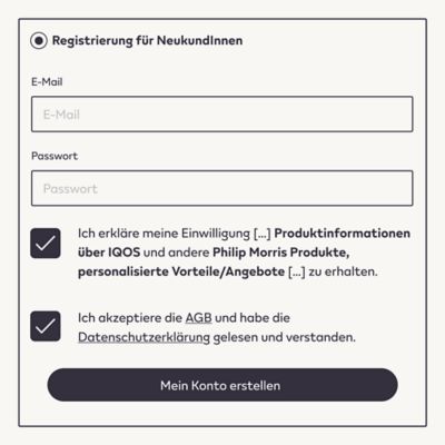 Registrierungsprozess bei IQOS – Schritt 1: Kontoerstellung. 