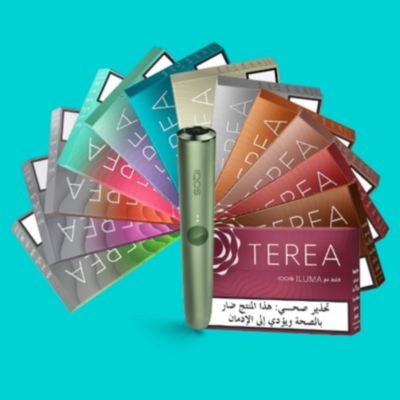Seven IQOS ILUMA TEREA packs on a turquoise background