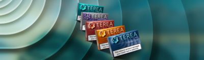 TEREA packs standing on a turquoise background, the packs include Amber, Russet, Sienna, Teak, Blue