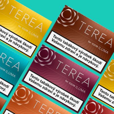 Tabákové náplně TEREA na tyrkysovém pozadí.