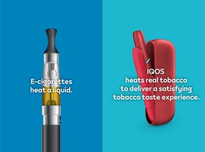 Cigarette filter with brown combustion stains compared to IQOS HEETS stick in IQOS 3 DUO holder with no equivalent stain.