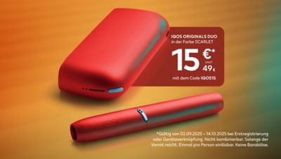 IQOS ORIGINALS DUO Scarlet auf orangefarbener Fläche mit Angebotspreis.